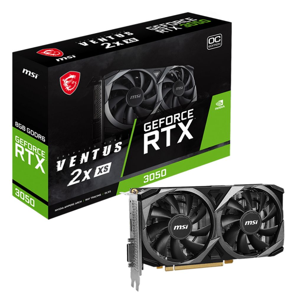 Видеокарта MSI Bad Pack RTX3050 VENTUS 2X XS 8GB OC GDDR6 128-bit DP HDMI DL-DVI-D 2FAN RTL (RTX 3050 VENTUS 2X XS 8G OC||BP)