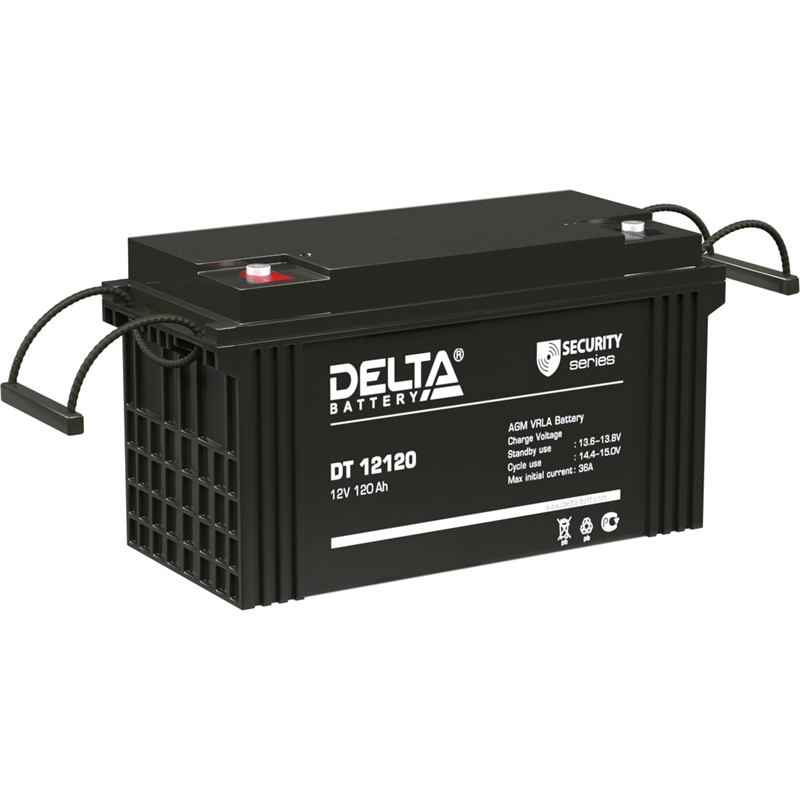 Батарея DELTA серия DT, DT 12120, напряжение 12В, емкость 120Ач (разряд 20 часов), макс. ток разряда (5 сек.) 1000А, макс. ток заряда 36А, свинцово-кислотная типа AGM, клеммы под болт М8, ДxШxВ 410х176х224мм., вес 32кг., срок службы 7-10 лет./ Battery DE