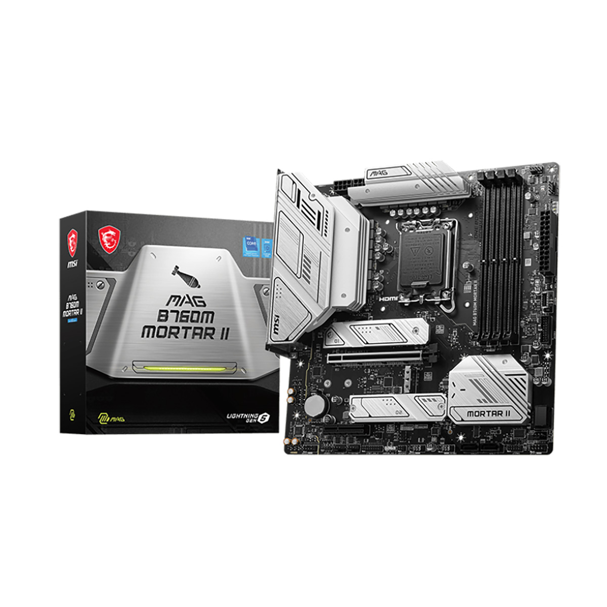 Материнская плата MSI MAG B760M MORTAR II B760, LGA1700, 4*DDR5, 1*PCIEx16, 1*PCIEx4, 3*M.2, 2*TypeC, 3*USB3.2Gen2, 2*USB3.2Gen1, 8*USB2.0, 4*SATA3.0, 2.5G, DP, HDMI, M-ATX, RTL