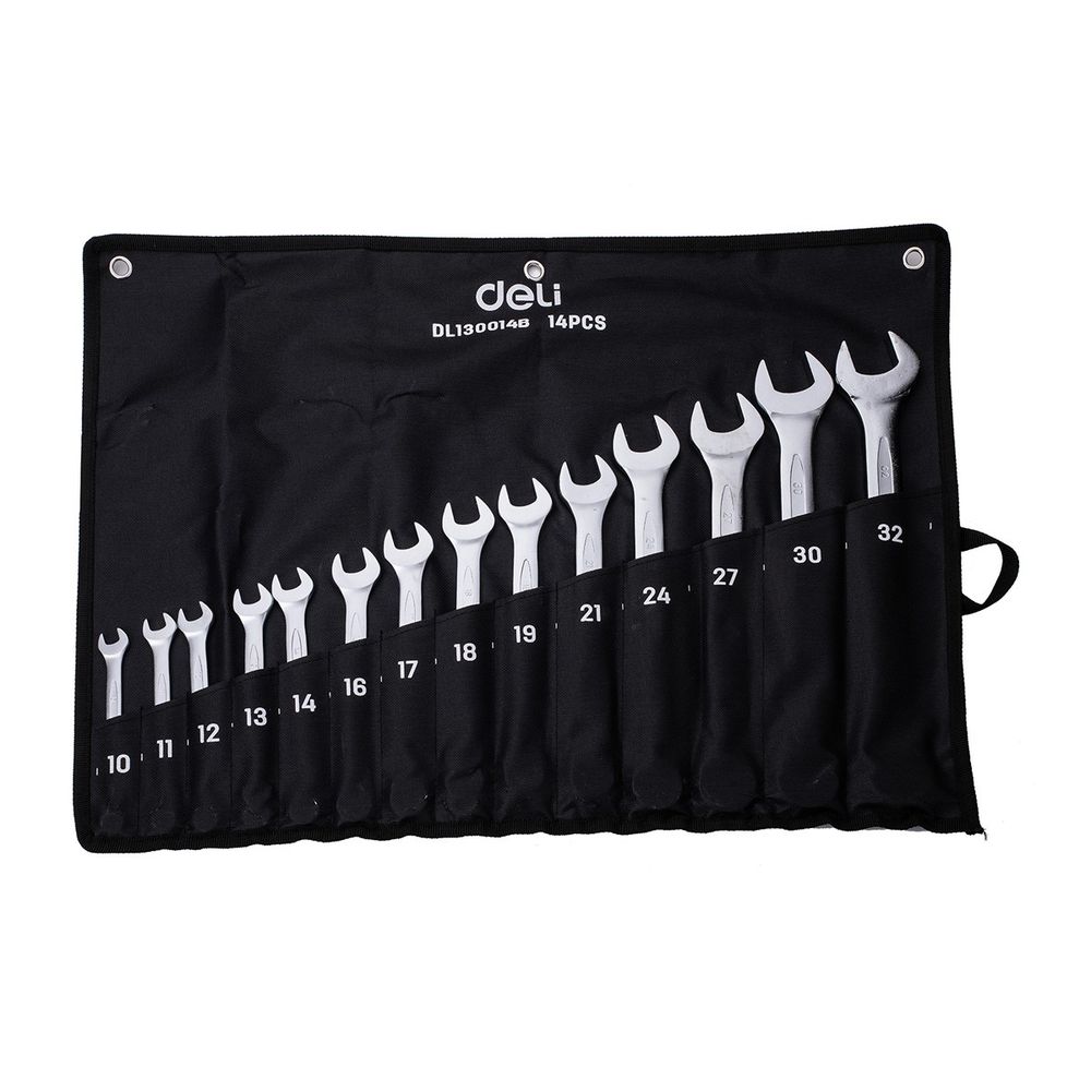 Ключи Deli Набор комбинированных гаечных ключей 14 шт Deli DL130014B размеры 10,11,12,13,14,16,17,18,19,21,24,27,30,32мм, матовая хромированная поверхность, чехол из ткани Оксфорд