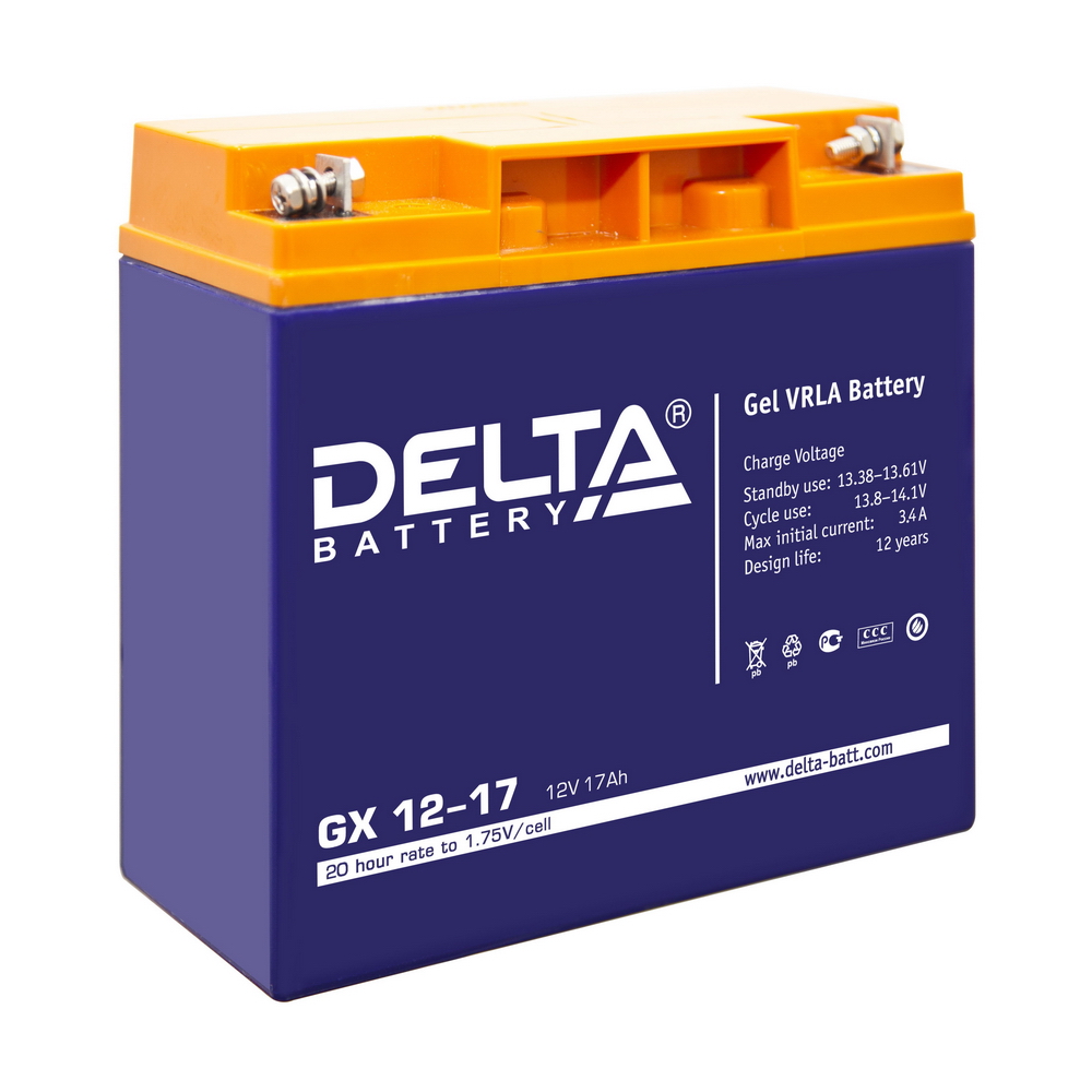 Батарея DELTA серия GX, GX 12-17, напряжение 12В, емкость 17Ач (разряд 20 часов), макс. ток разряда (5 сек.) 225А, макс. ток заряда 3.36А, свинцово-кислотная типа GEL, клеммы под гайку и болт M6, ДxШxВ 181х77х167мм., вес 5.5кг., срок службы 15 лет./ Batt