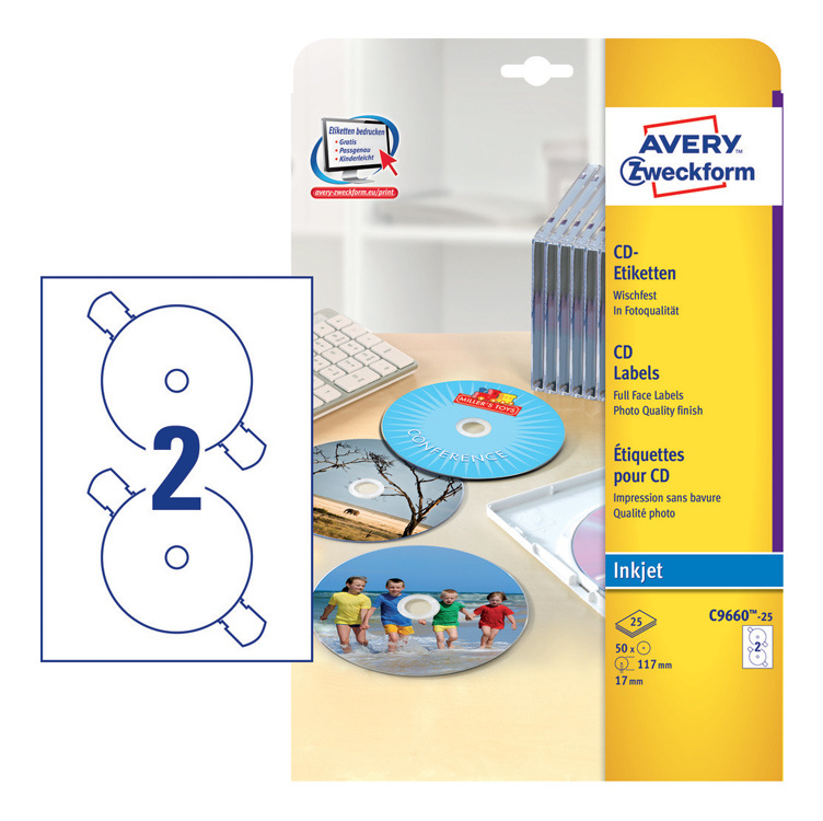 Этикетки Avery Zweckform CD/ DV C9660-25 A4/ 196г/ м2/ 25л./ белый супер глянец самоклей. для лазерной печати