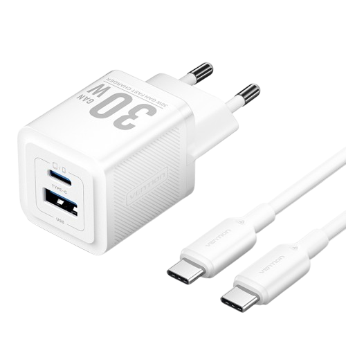 Набор для зарядки Vention з/у GaN 30W 2 порта USB (C + A) и кабель USB-C 3А Белый, шт. (TZ-FEQW0-EU-01)
