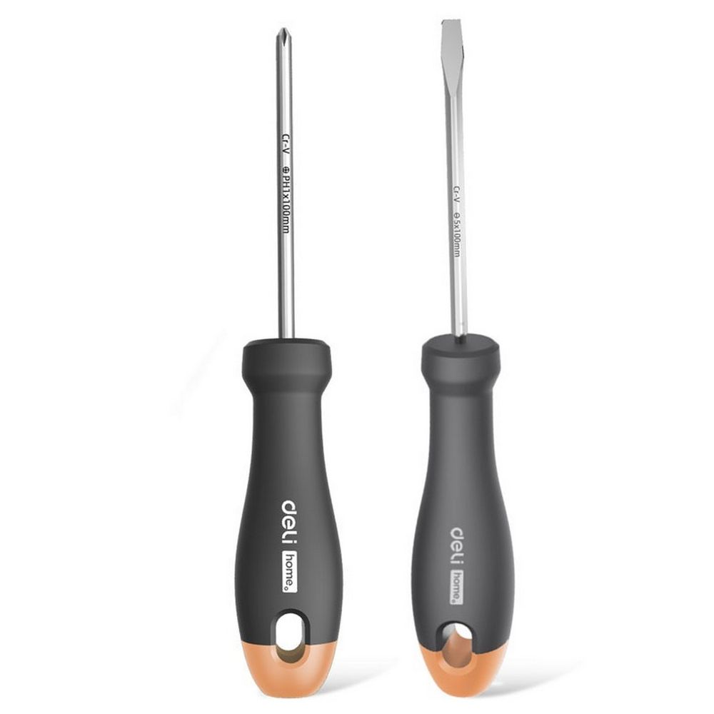 Набор отверток "Home Series Gray" Deli HT1002C 2шт SL5x100+PH1x100, эксклюзивный дизайн, рукоятка из высококачественного софттач пластика