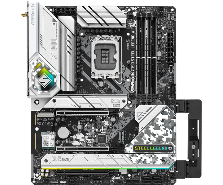 Материнская плата ASROCK Z790 STEEL LEGEND WIFI, LGA1700, Z790, 4*DDR5, 8*SATA, 5*M.2, 9*USB 3.2, Type-C, 3*PCIx16, 1*M.2 (Key E), HDMI+DP, ATX