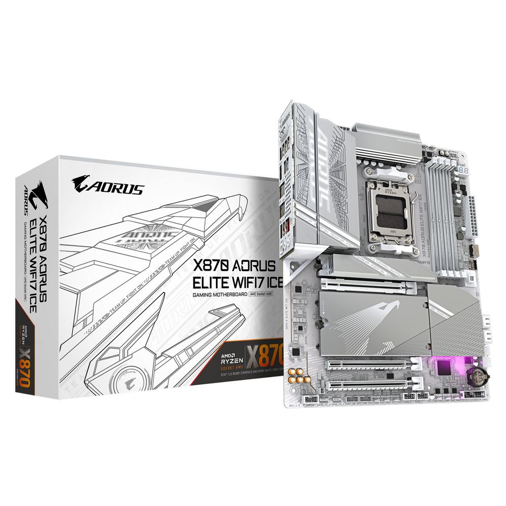 Материнская плата/ X870 AORUS ELITE WIFI7 ICE, Socket AM5, AMD X870, 4xDDR5-5200, HDMI, 3xPCI-Ex16, 4xSATA3(RAID 0/1/10), 4xM.2, 6 Ch Audio, 1x2,5GLan, (4+4)xUSB2.0, (6+2)xUSB3.2, (2+1)xUSB Type-C™, ATX, RTL