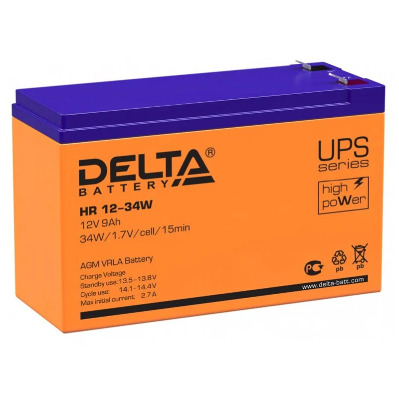 Батарея DELTA серия HR-W, HR 12-34 W, напряжение 12В, емкость 9Ач (разряд 20 часов), макс. ток разряда (5 сек.) 160А, макс. ток заряда 2.7А, свинцово-кислотная типа AGM, клеммы F2, ДxШxВ 151х65х94мм.