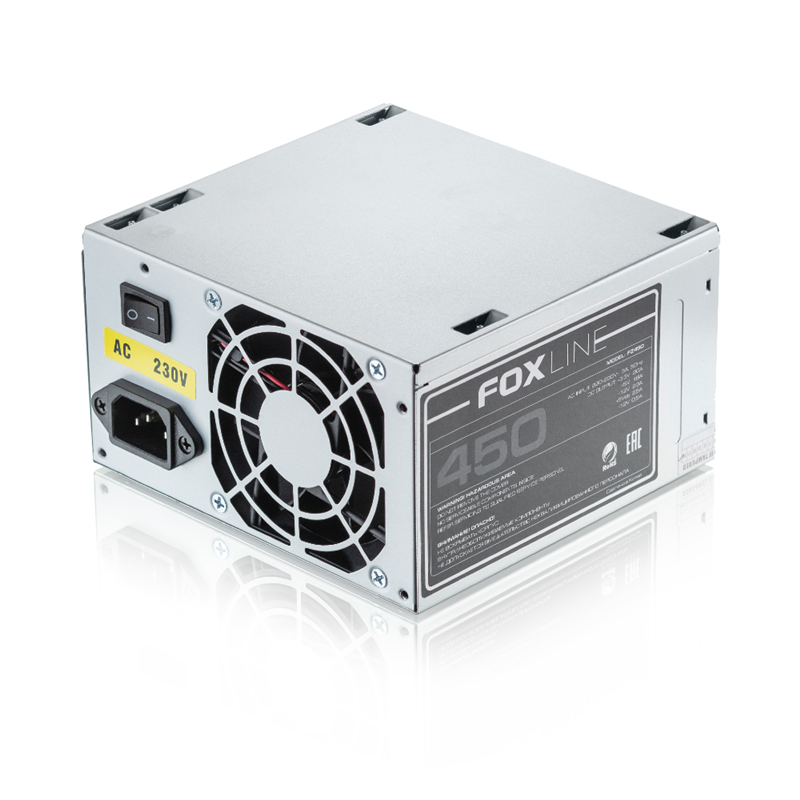 Блок питания 450Вт/ Power Supply Foxline, 450W, ATX, NOPFC, 80FAN, 2xSATA, 2xPATA, 1xFDD, 24+4 (FZ450)