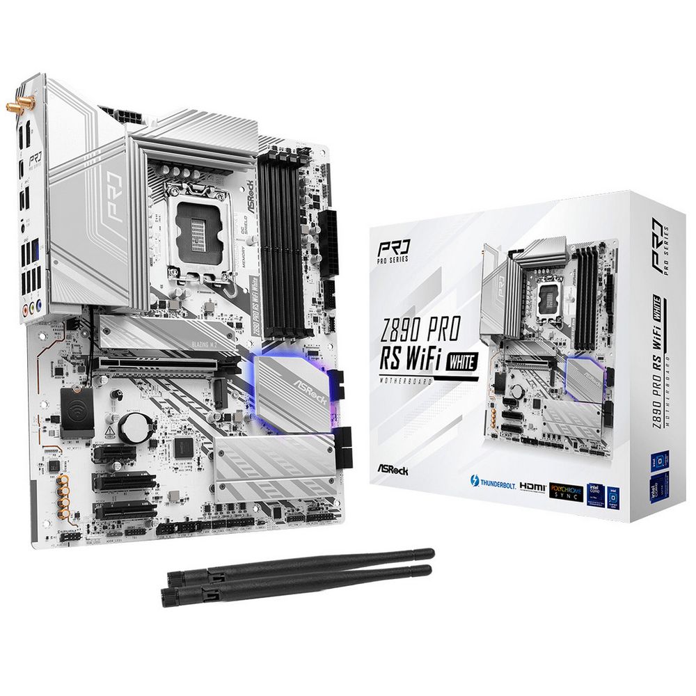 Материнская плата ASROCK Z890 PRO RS WIFI WHITE, LGA1851, Z890, 4*DDR5, 4*SATA, 4*M.2, 3*USB 3.2, 4*USB 2.0, 2*Type-C, 1*PCIx16, 2*PCIx4, 1*M.2 (Key E), HDMI+DP, ATX