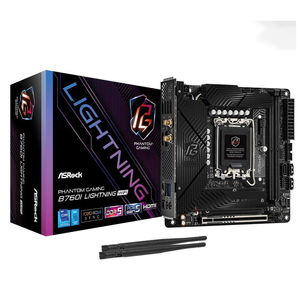 Материнская плата ASROCK B760I LIGHTNING WIFI, LGA1700, B760, 2*DDR5, 3*SATA, 2*M.2, 5*USB 3.2, Type-C, 1*PCIx16, 1xM.2 (Key E), HDMI+DP, mIATX