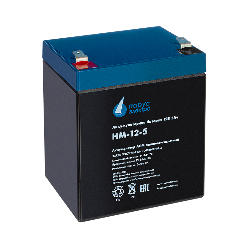 Battery Parus Electro, standard series HM-12-5, voltage 12V, capacity 5Ah (discharge 20 hours), max. discharge current (5sec) 75A, max. charge current 2A, lead-acid type AGM, terminals F2, LxWxH 90x70x101mm., total height with terminals 107mm., weight 1.8