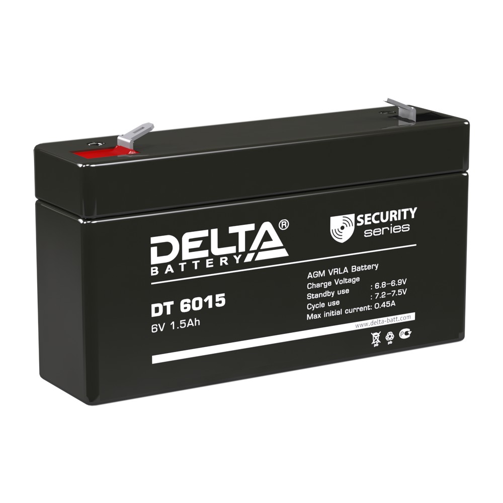 Батарея DELTA серия DT, DT 6015, напряжение 6В, емкость 1.5Ач (разряд 20 часов), макс. ток разряда (5 сек.) 18А, макс. ток заряда 0.45А, свинцово-кислотная типа AGM, клеммы F1, ДxШxВ 97х24х51мм., вес 0.3кг., срок службы 5 лет./ Battery DELTA series DT, D