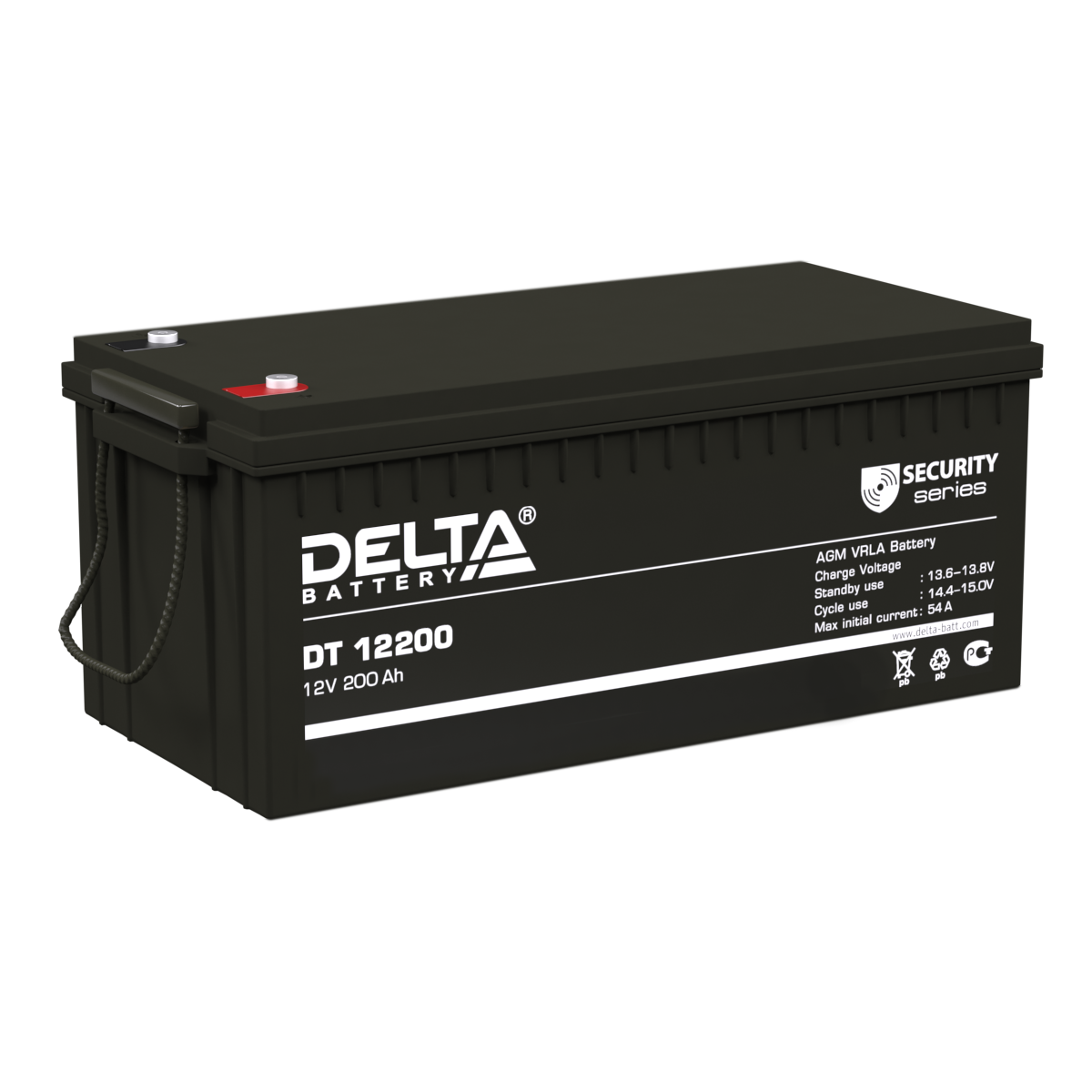 Батарея DELTA серия DT, DT 12200, напряжение 12В, емкость 200Ач (разряд 20 часов), макс. ток разряда (5 сек.) 1500А, макс. ток заряда 60А, свинцово-кислотная типа AGM, клеммы под болт М8, ДxШxВ 522х238х218мм., вес 54кг., срок службы 10 лет./ Battery DELT