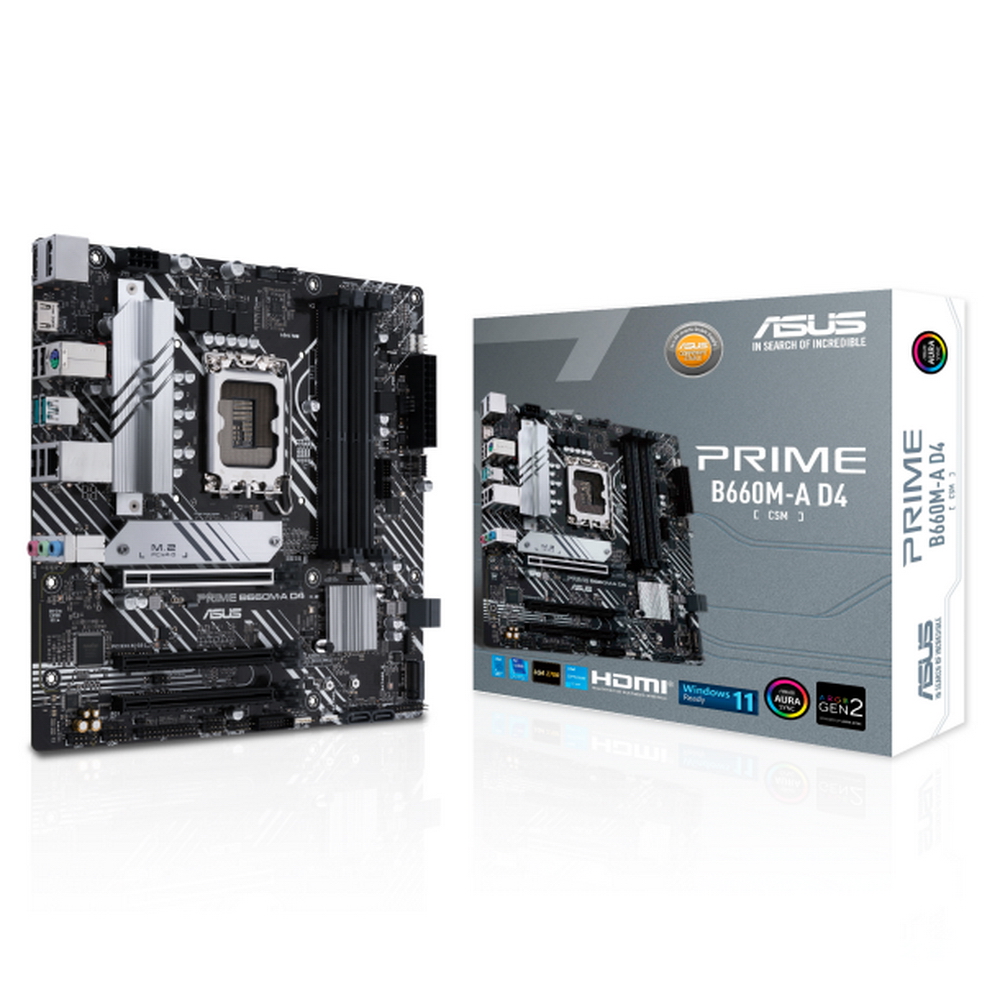 Материнская плата ASUS PRIME B660M-A D4-CSM, LGA1700, B660, 4*DDR4, DP+ 2* HDMI, SATA3 + RAID, Audio, Gb LAN, USB 3.2*6, USB 2.0*6, COM*1 header, LPT*1 header (w/ o cable), mATX (90MB19K0-M1EAYC)