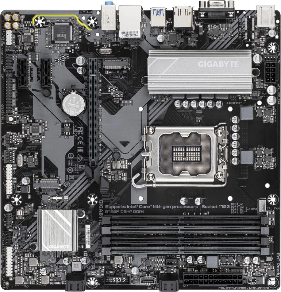 Материнская плата/ MB GIGABYTE INTEL B760 s1700, 4xDDR4(128GB), D-SUB/HDMI 2.1/DP, 1xPCIe 4.0x16, 2xPCIe 3.0, 1xLAN, 4xSATA 6Gb/s, 2xM.2, 3xUSB 3.2, 2xUSB 2.0, 1xPS/2, mATX (B760M D3HP DDR4)