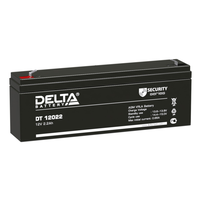 Батарея DELTA серия DT, DT 12022, напряжение 12В, емкость 2.2Ач (разряд 20 часов), макс. ток разряда (5 сек.) 44А, макс. ток заряда 0.66А, свинцово-кислотная типа AGM, клеммы F1, ДxШxВ 179х35х61мм., вес 0.94кг., срок службы 5 лет./ Battery DELTA series D