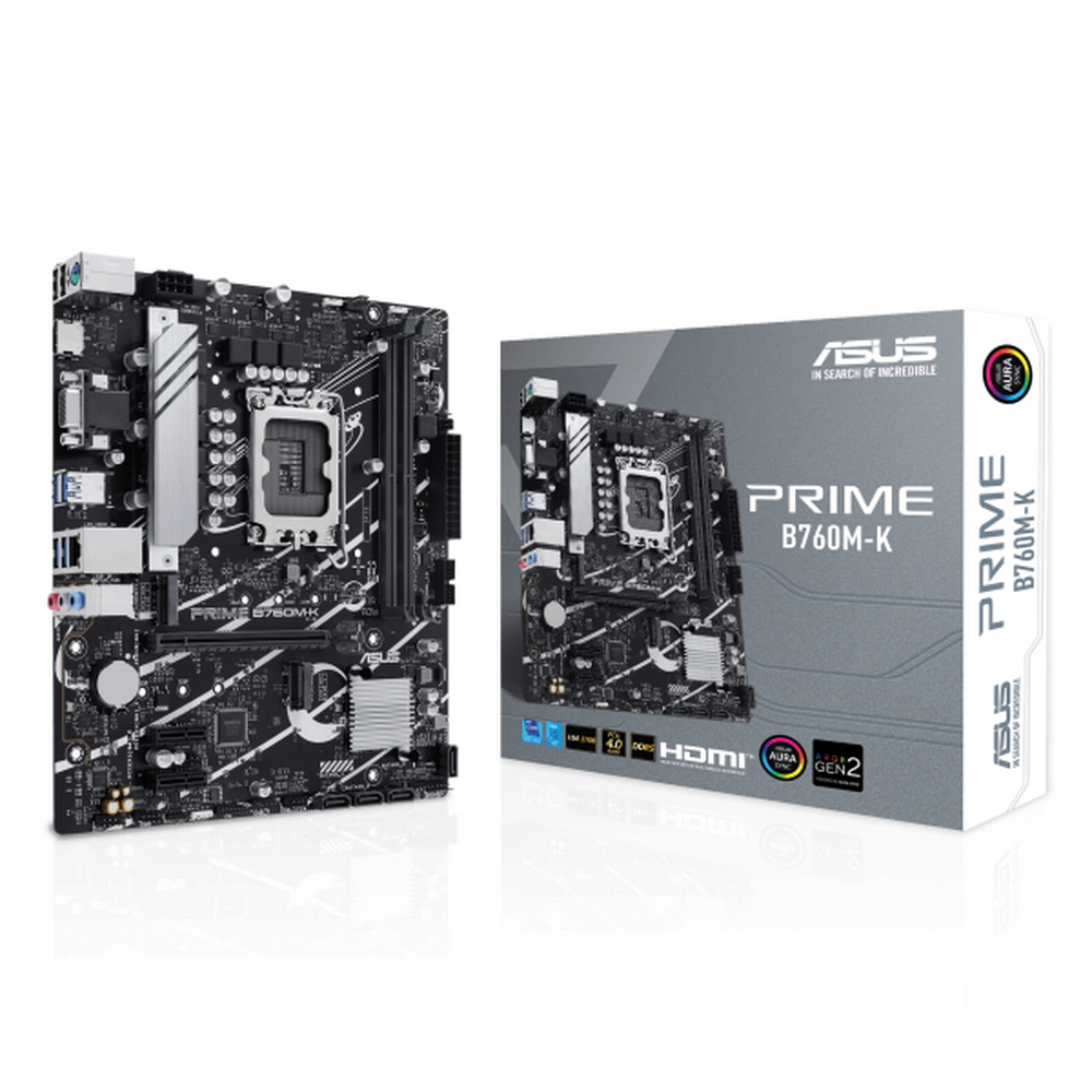 Материнская плата ASUS PRIME B760M-K, LGA1700, B760, 2*DDR5, 4*SATA, 2*M.2, 4*USB 3.2, 2*USB 2.0, 1*PCIx16, 2*PCIx1, HDMI+VGA, mATX (90MB1FI0-M0EAY0)