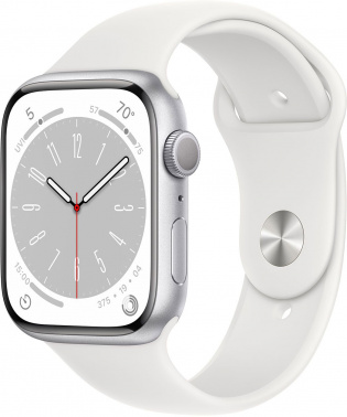 Смарт-часы Apple Watch Series 8 А2771 45мм OLED корп.серебристый рем.белый разм.брасл.:M/ L (MP6Q3LL/A)