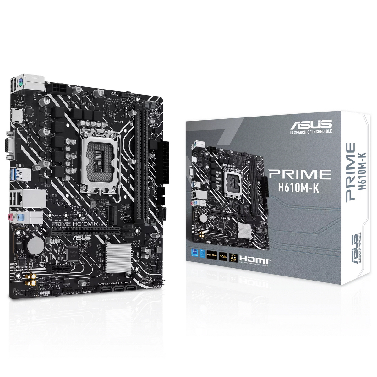 Материнская плата ASUS PRIME H610M-K, LGA1700, H610, 2*DDR5, D-Sub + HDMI, SATA3, Audio, Gb LAN, USB 3.2, USB 2.0, COM*1 header (w/ o cable),mATX (90MB1GA0-M0EAY0)