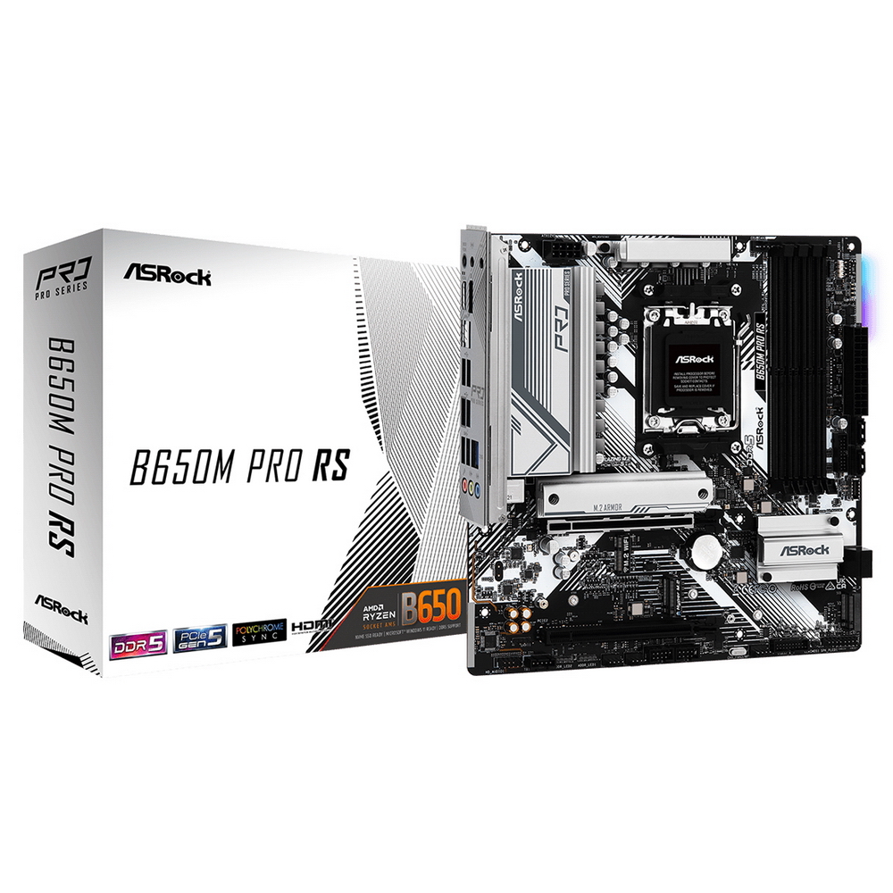 Материнская плата ASROCK B650M PRO RS, AM5, B650, 4*DDR5, 4*SATA, 3*M.2, 3*USB 3.2, 4*USB 2.0, Type-C, 2*PCIx16, 1*M.2 (Key E), HDMI+DP, mATX