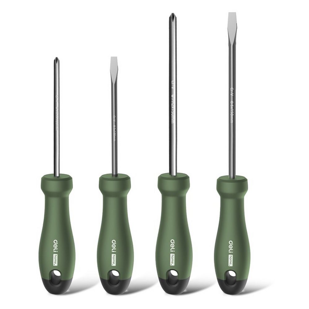 Набор отверток "Home Series Green" Deli HT1004L 4шт SL5x100+SL6x150+PH1x100+PH2x150, эксклюзивный дизайн, рукоятка из высококачественного софттач пластика