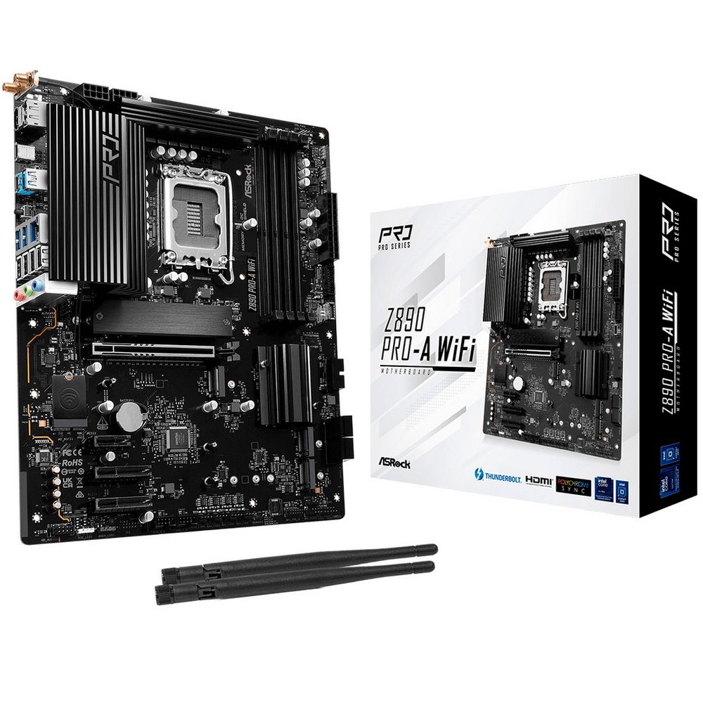 Материнская плата ASROCK Z890 PRO-A WIFI, LGA1851, Z890, 4*DDR5, 4*SATA, 4*M.2, 4*USB 3.2, 4*USB 2.0, Type-C, 1*PCIx16, 2*PCIx4, 1*M.2 (Key E), HDMI+DP, ATX