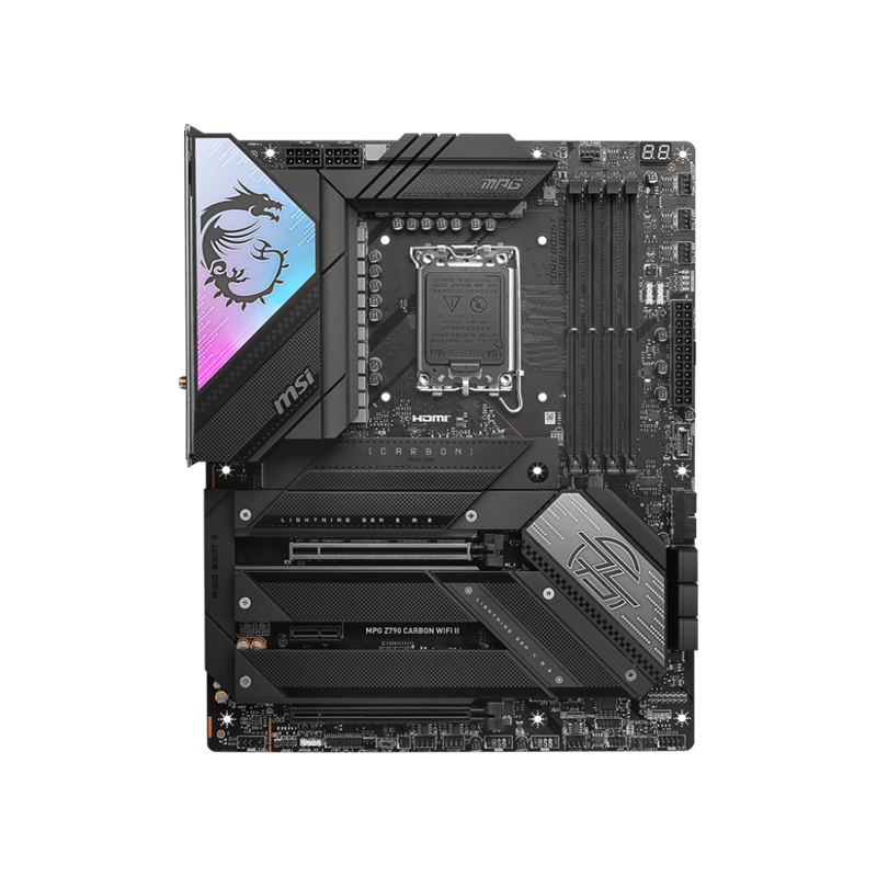 Материнская плата/ MB MSI INTEL Z790 s1700, 4xDDR5(256GB), HDMI 2.1, 1xPCIe 5.0x16, 1xPCIe 4.0x16, 1xPCIe 3.0, 1xLAN (2.5GbE), Wi-Fi, BT, 6xSATA 6Gb/s, 5xM.2, 2xUSB-C, 8xUSB 3.2, ATX (MPG Z790 CARBON WIFI II)