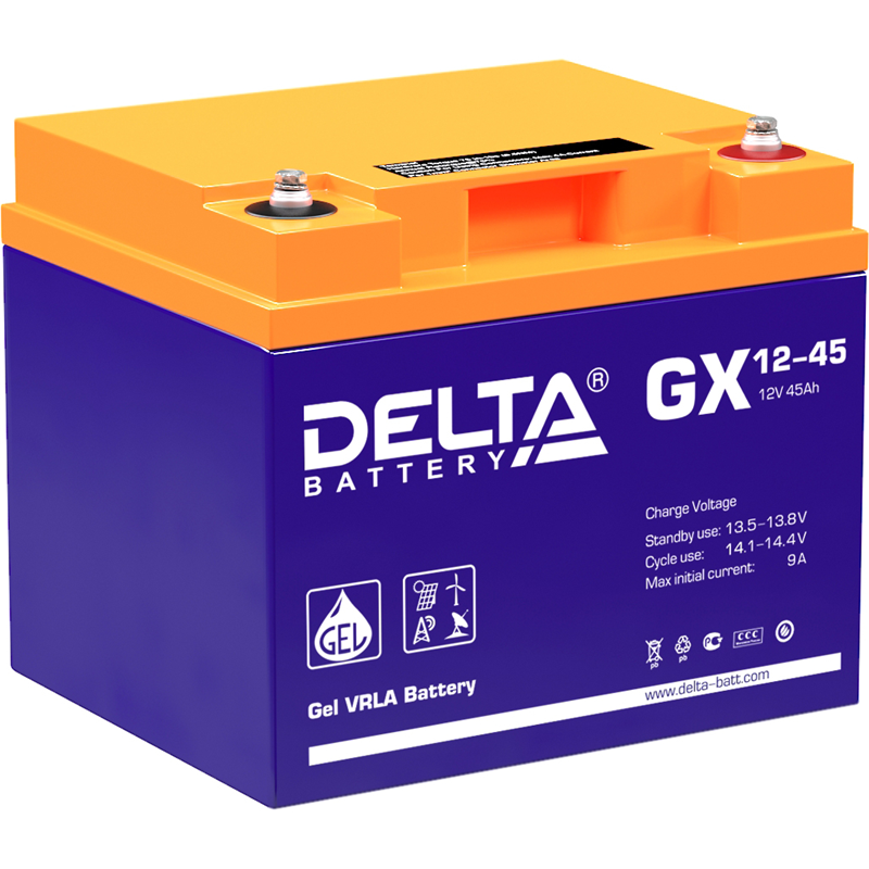 Батарея DELTA серия GX, GX 12-45, напряжение 12В, емкость 45Ач (разряд 20 часов), макс. ток разряда (5 сек.) 450А, макс. ток заряда 8.9А, свинцово-кислотная типа GEL, клеммы под болт М6, ДxШxВ 197х165х170мм., вес 14.6кг., срок службы 15 лет./ Battery DEL