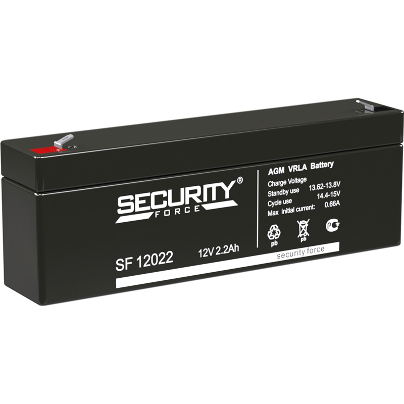 Батарея SECURITY FORCE серия SF, SF 12022, напряжение 12В, емкость 2.2Ач (разряд 20 часов), макс. ток разряда (5 сек.) 52.5А, макс. ток заряда 0.66А, свинцово-кислотная типа AGM, клеммы F1, ДxШxВ 179х35х61мм., вес кг., срок службы 3-5 лет./ Battery SECUR
