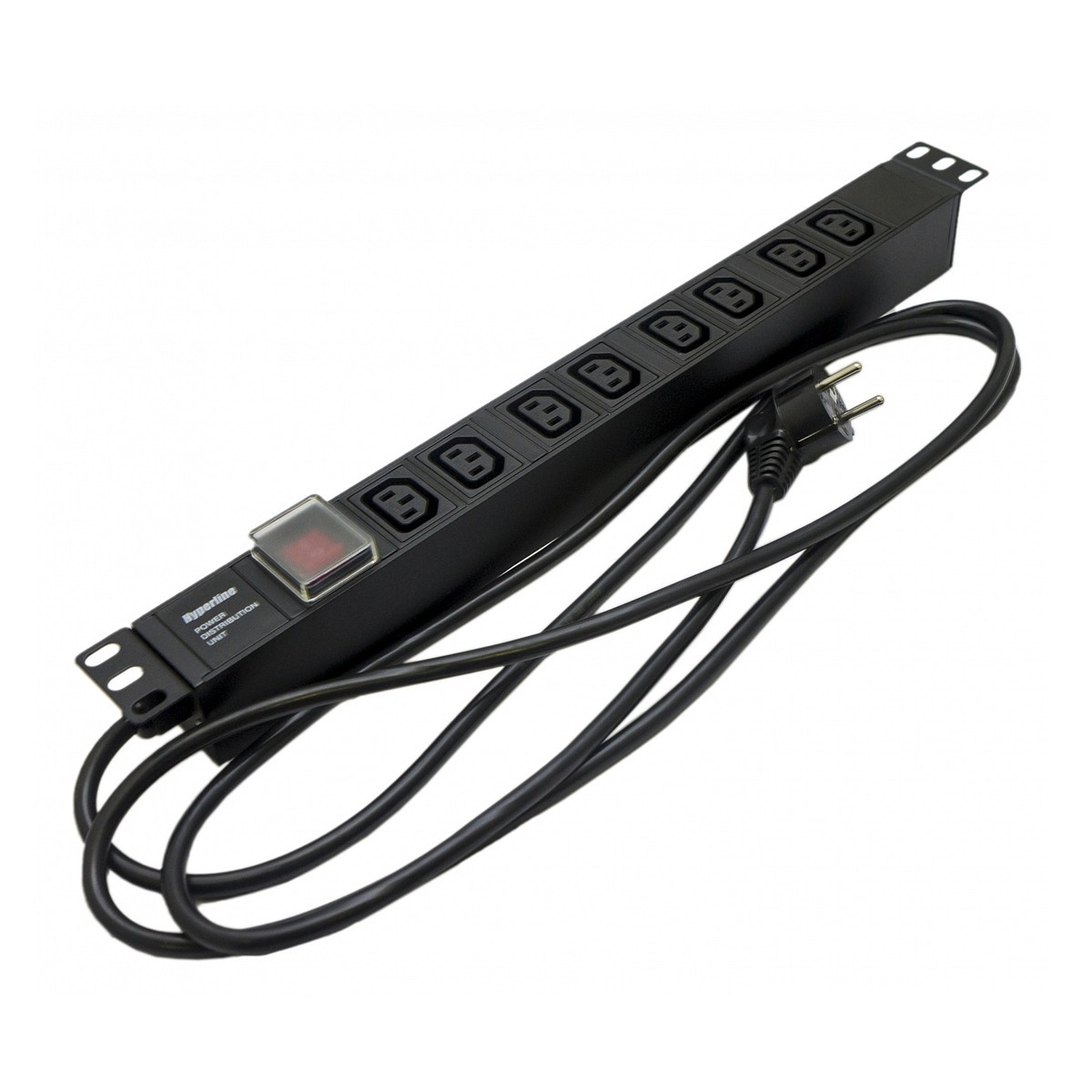 Hyperline SHE19-8IEC-S-2.5EU Блок розеток для 19&quot; шкафов, горизонтальный, 8 розеток IEC320 C13, выключатель с подсветкой, кабель питания 2.5м (3х1.5мм2) с вилкой Schuko 16A, 250В, 482.6x44.4x44.4мм (ШхГхВ), корпус алюминий, черный