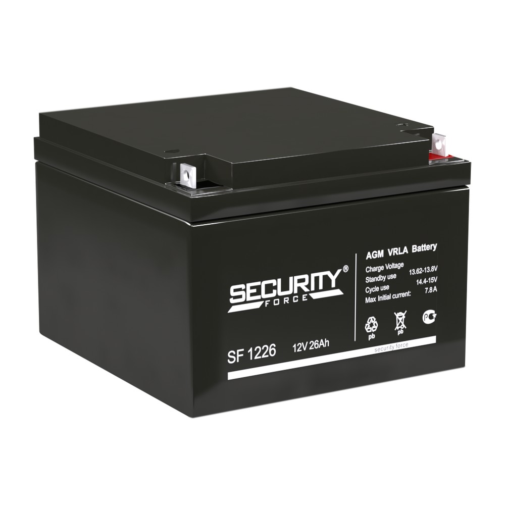Батарея SECURITY FORCE серия SF, SF 1226, напряжение 12В, емкость 1.9Ач (разряд 20 часов), макс. ток разряда (5 сек.) 30А, макс. ток заряда 7.8А, свинцово-кислотная типа AGM, клеммы под гайку и болт M6, ДxШxВ 166х175х125мм., вес кг., срок службы 3-5 лет.