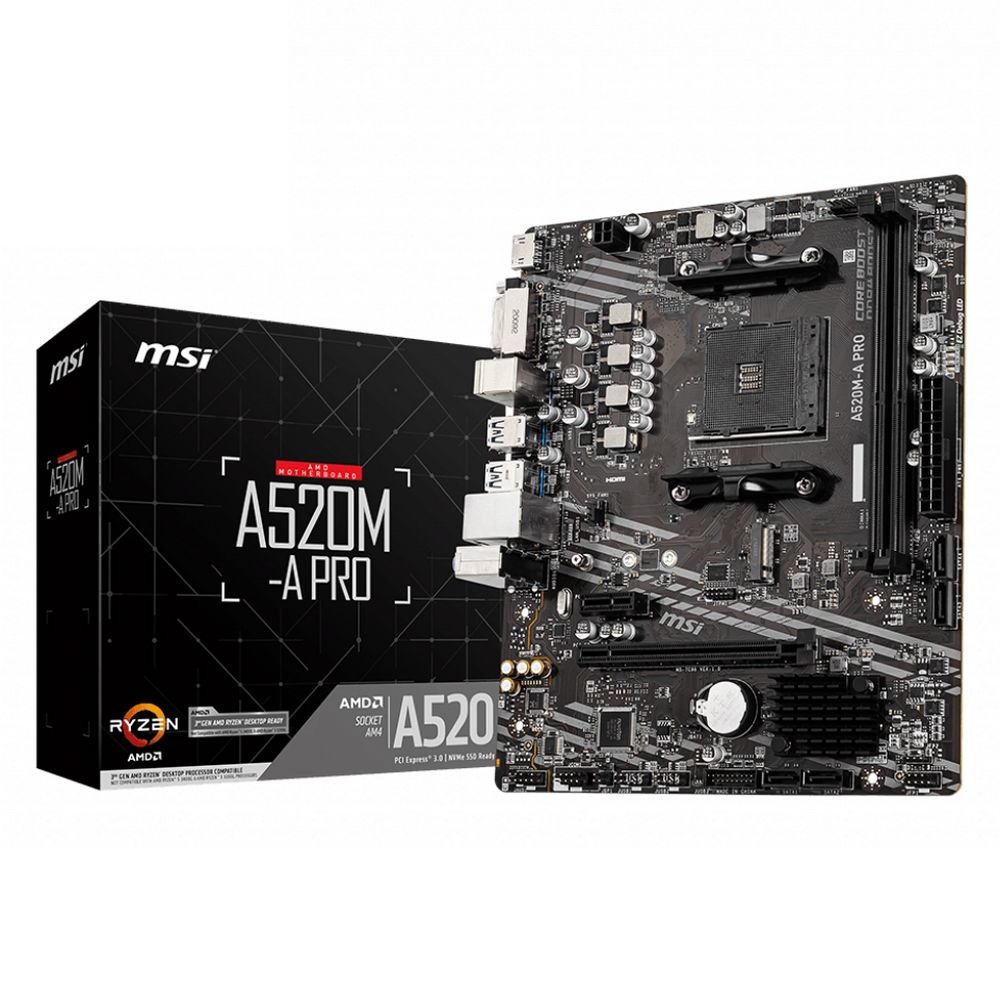 Материнская плата MSI A520M-A PRO , mATX, Socket AM4, AMD® A520, 2xDDR4-4600, HDMI+DVI-D, 1xPCI-Ex16x, 1xPCI-Ex1x, 4xSATA3(RAID 0/ 1/ 10), 1xM.2, 8 Ch Audio, GLan, (2+4)xUSB2.0, (4+2)xUSB3.2, 2xPS/ 2 {20} (749927) (A520M-A PRO||BP)