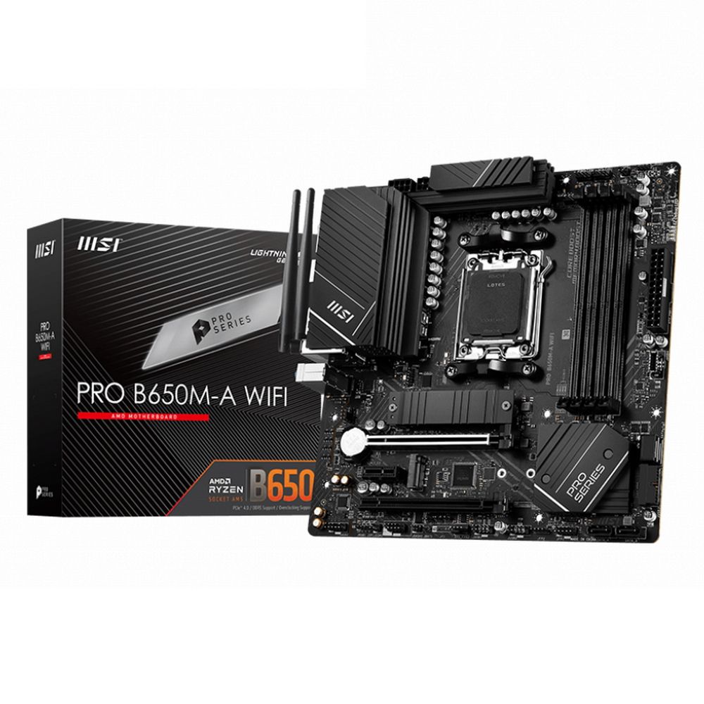 Материнская плата MSI Bad Pack PRO B650M-A WIFI B650, AM5, 4*DDR5, 2*PCIEx16, 1*PCIEx1, 2*M.2, 1*TypeC, 4*USB3.2Gen2, 6*USB3.2Gen1, 4*USB2.0, 4*SATA3.0, 2.5G, DP, HDMI, M-ATX, RTL (PRO B650M-A WIFI||BP)