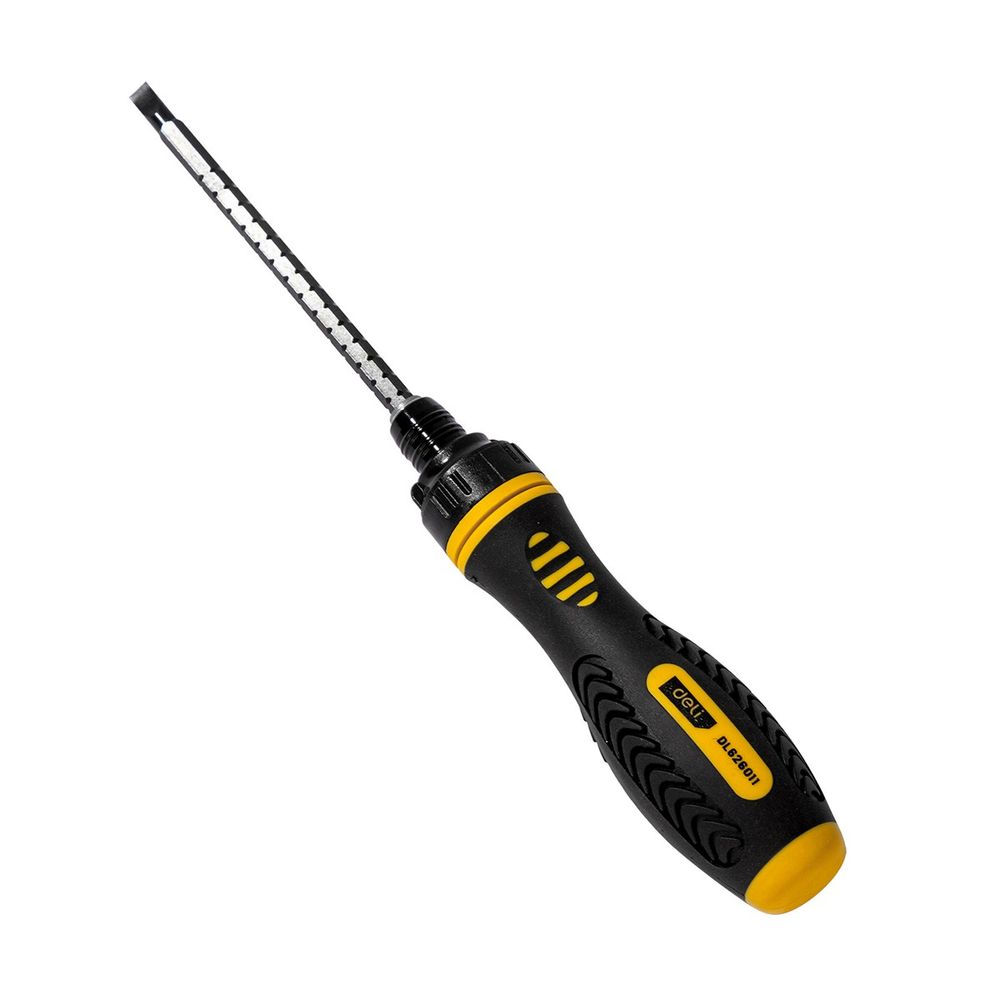 Двухсторонняя отвертка с трещеткой Deli DL626011 PH2+SL6x180мм, сталь CrV, длина 180-230мм, диаметр хвостовика 6,3мм