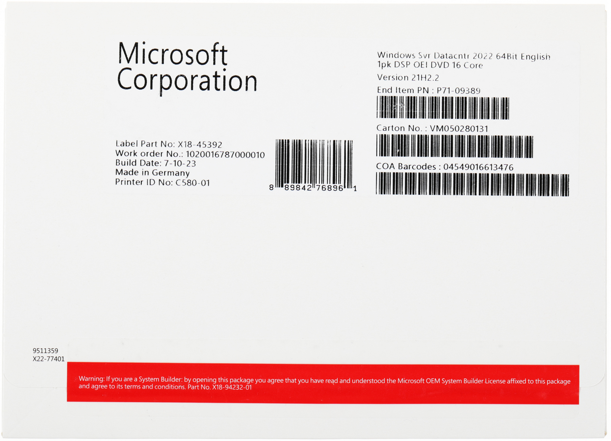 ПО Microsoft Windows Server Datacenter 2022 64Bit Eng 1pk DSP OEI DVD 16 Core (P71-09389)