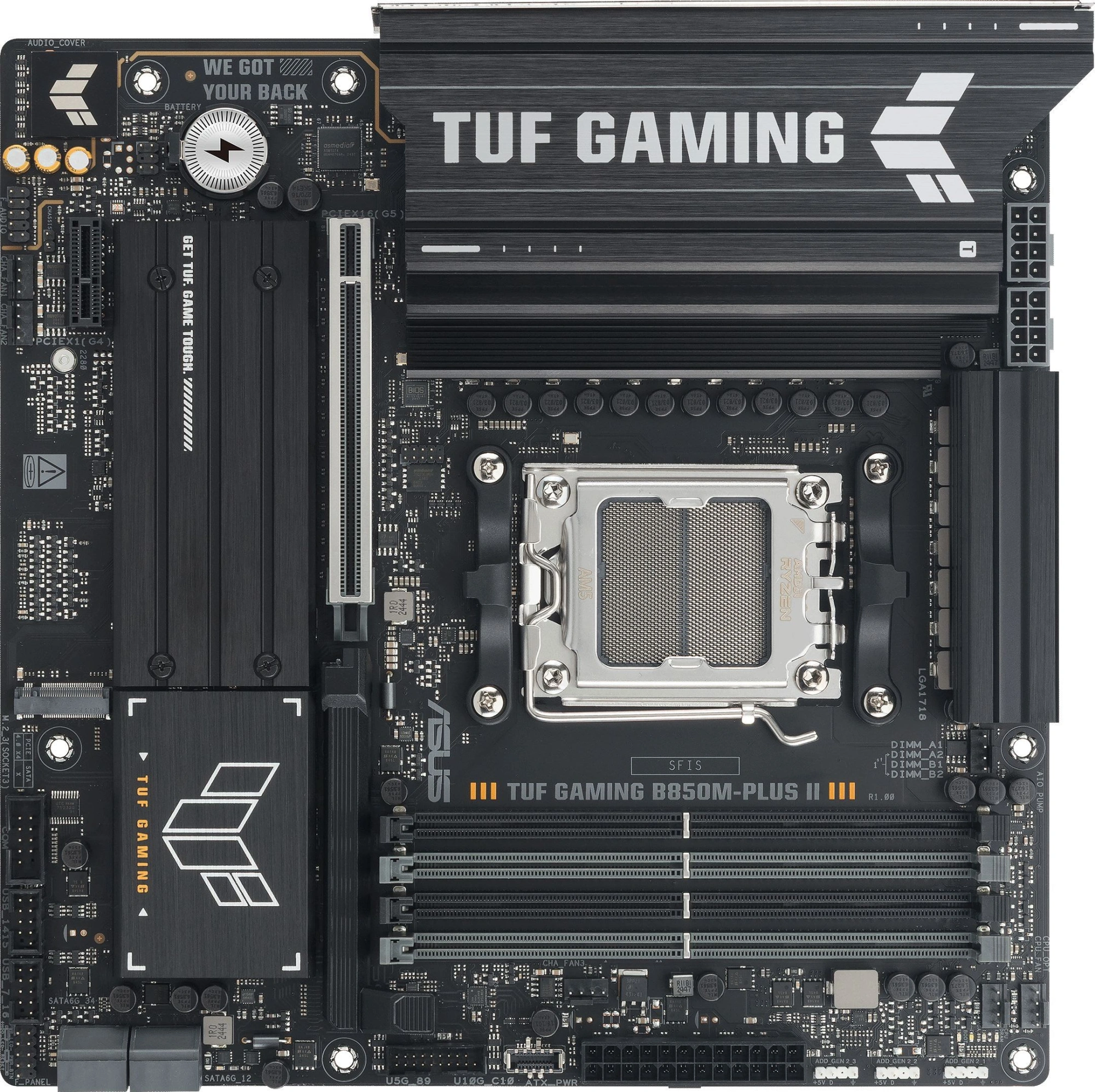 Материнская плата ASUS TUF GAMING B850M-PLUS II, AM5, B850, 4*DDR5, 4*SATA, 3*M.2, 7*USB 3.2, 4*USB 2.0, Type-C, 1*PCIx16, 1*PCIx1, DP+HDMI, mATX; 90MB1MT0-M0EAY0