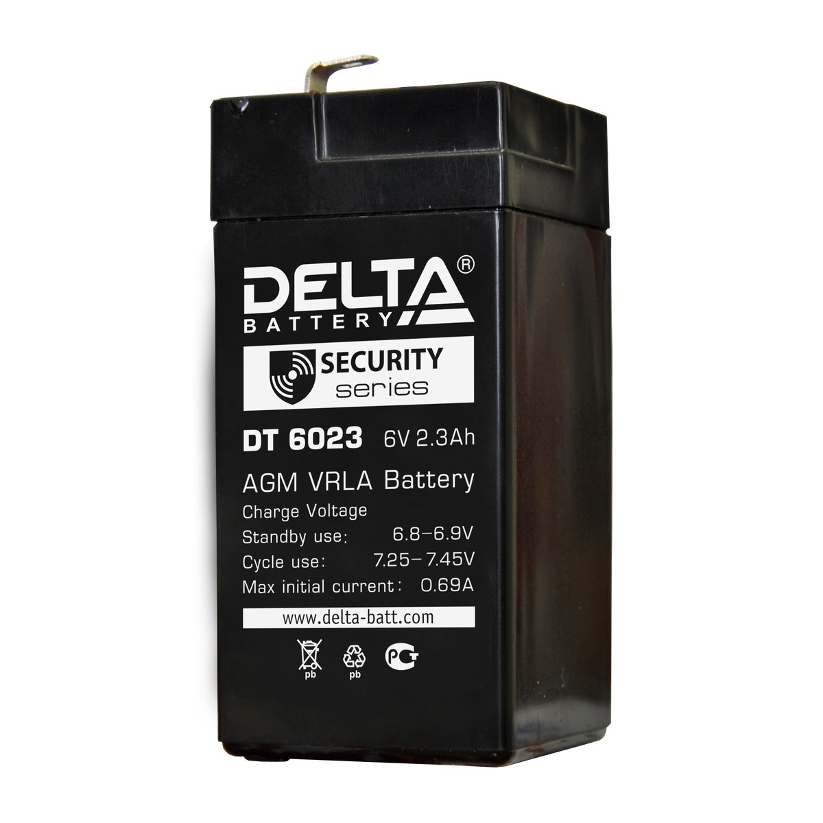 Батарея DELTA серия DT, DT 6023, напряжение 6В, емкость 2.3Ач (разряд 20 часов), макс. ток разряда (5 сек.) 30А, макс. ток заряда 0.69А, свинцово-кислотная типа AGM, клеммы F1, ДxШxВ 44х47х101мм., вес 0.45кг., срок службы 5 лет./ Battery DELTA series DT,