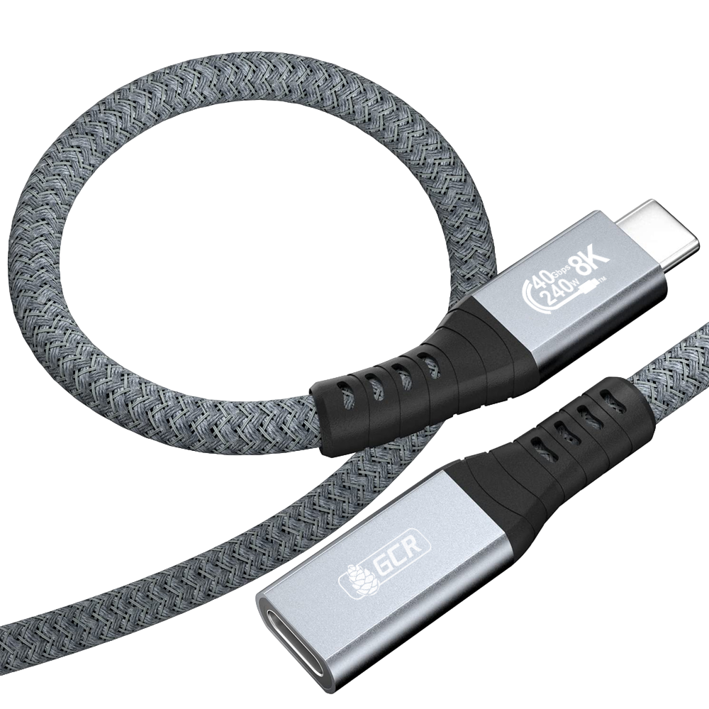 GCR PRO Удлинитель USB4 Type-C, 0.2m, 40Gbps, 240W, 8K60Hz, M/F, текстиль, серый, GCR-57135