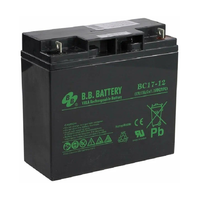 Батарея B.B. Battery серия BC, BC17-12, напряжение 12В, емкость 17Ач (разряд 20 часов), макс. ток разряда (5 сек.) 255А, макс. ток заряда 5.1A, свинцово-кислотная типа AGM, клеммы B1, ДxШxВ 181x76x166мм., вес 5.62кг., срок службы 5-7 лет/ B.B. Battery ser