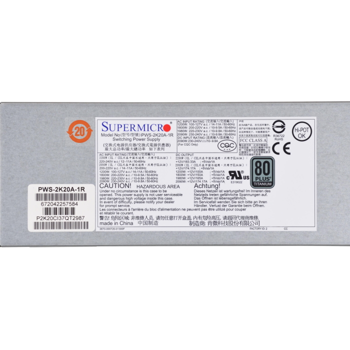 Картинка Блок питания Supermicro 2200W 80+ (PWS-2K20A-1R) 