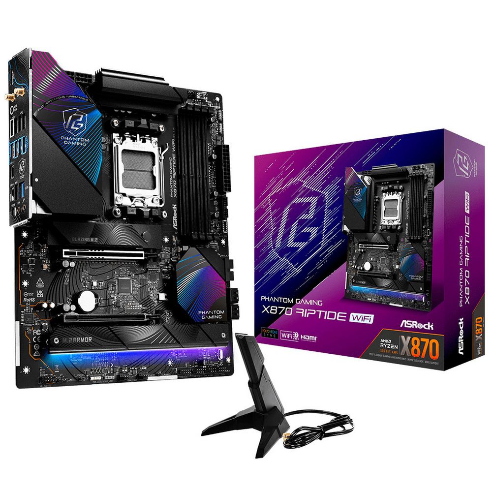 Материнская плата ASROCK X870 RIPTIDE WIFI, AM5, X870, 4*DDR5, 4*SATA, 3*M.2, 4*USB 2.0, 5*USB 3.2, 2*Type-C, 2*PCIx16, 1*M.2 (Key E), HDMI, ATX