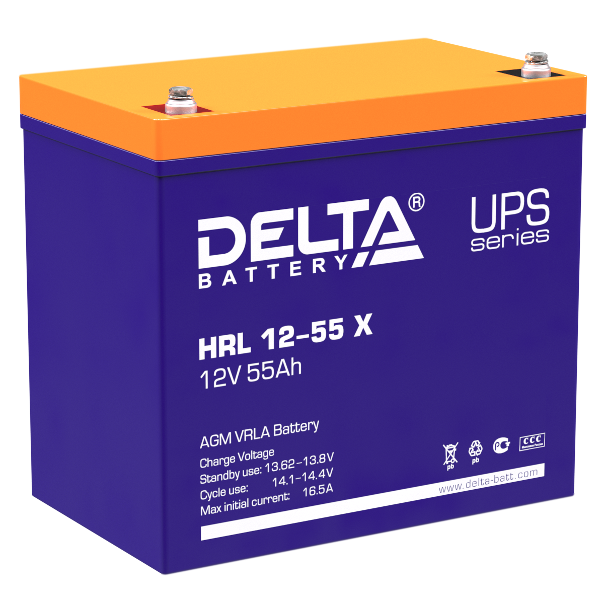 Батарея DELTA серия HRL-X, HRL 12-55 X, напряжение 12В, емкость 55Ач (разряд 10 часов), макс. ток разряда (5 сек.) 550А, макс. ток заряда 16.5А, свинцово-кислотная типа AGM, клеммы под болт М6, ДxШxВ 229х138х208мм., вес 18.2кг., срок службы 12 лет./ Batt