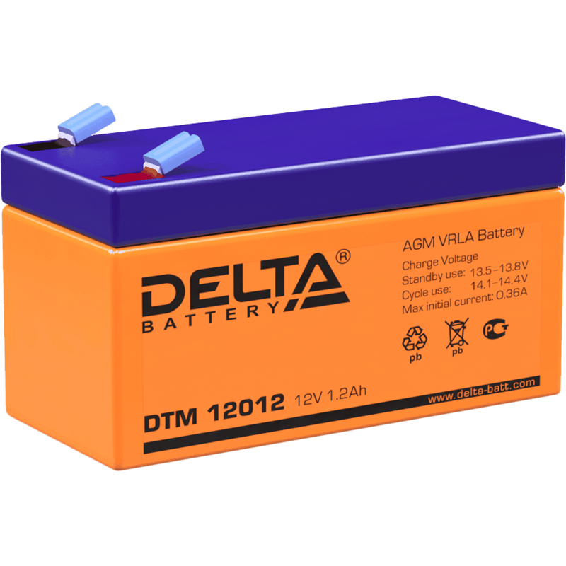 Батарея DELTA серия DTM, DTM 12012, напряжение 12В, емкость 1.2Ач (разряд 20 часов), макс. ток разряда (5 сек.) 18А, макс. ток заряда 0.36А, свинцово-кислотная типа AGM, клеммы F1, ДxШxВ 97х43х52мм., вес 0.61кг., срок службы 6 лет./ Battery DELTA series