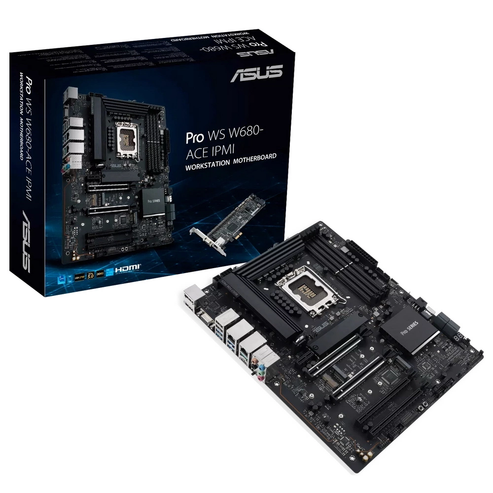 PRO WS W680-ACE IPMI Intel W680 (LGA 1700) ATX motherboard, PCIe® 5.0, DDR5, IPMI expansion card, dual Intel® 2.5 Gb Ethernet, PCIe 4.0 M.2, USB 3.2 Gen 2x2 front panel connector, SlimSAS, SATA 6 Gbps, HDMI®, DisplayPort and VGA (90MB1DN0-M0EAY0)