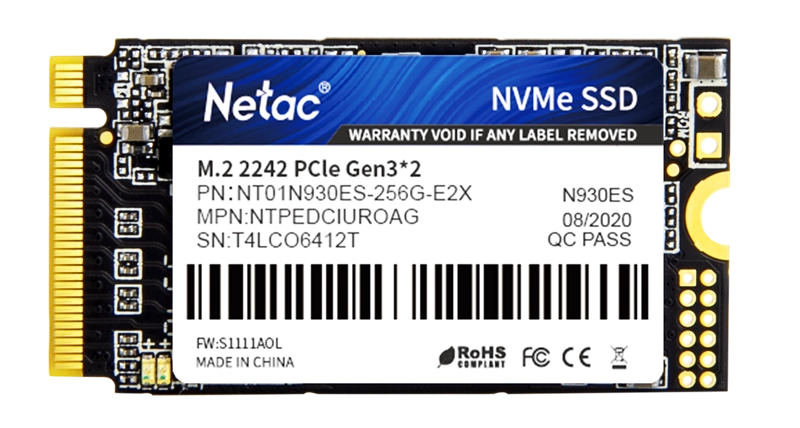 Netac SSD N930ES 256GB PCIe 3 x2 M.2 2242 NVMe 3D NAND, R/ W up to 1650/ 1260MB/ s, TBW 150TB, 3y wty (NT01N930ES-256G-E2X)