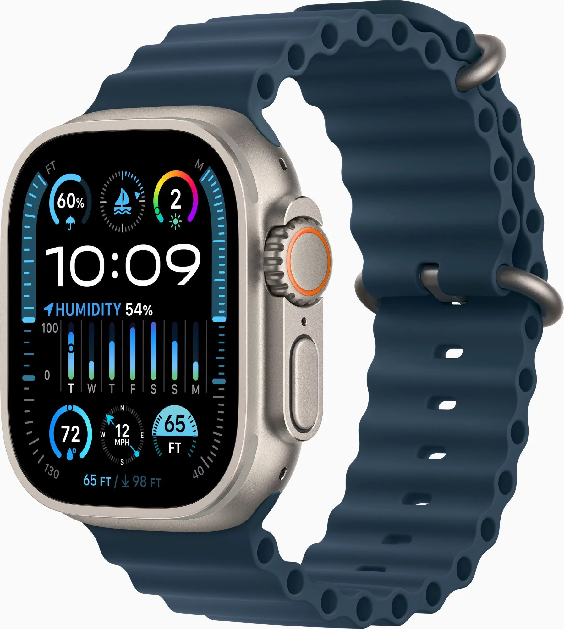 Смарт-часы Apple Watch Ultra 2 A2986 49мм OLED корп.титан Ocean band рем.синий разм.брасл.:130-200мм (MREG3VC/ A) (MREG3VC/A)