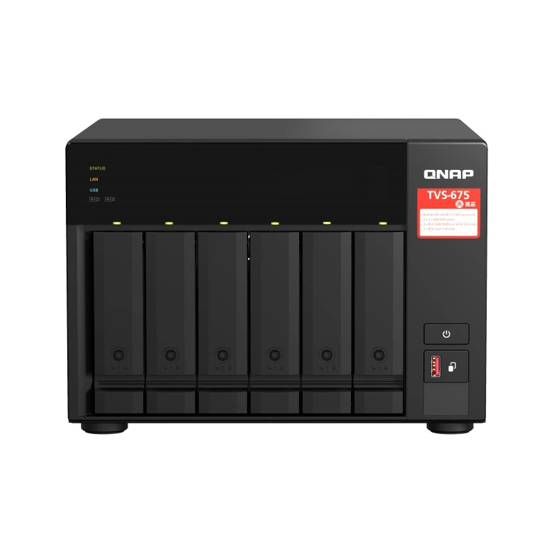 SMB QNAP TVS-675-8G NAS, 6-tray w/o HDD, 2xM.2 SSD Slot, 1xHDMI-port. CPU 8-сore 64-bit x86 KX-U6580 2.5 GHz , 8GB DDR4 (1 x 8GB) up to 64GB (2 x 32GB), 2x 2.5 Gigabit LAN