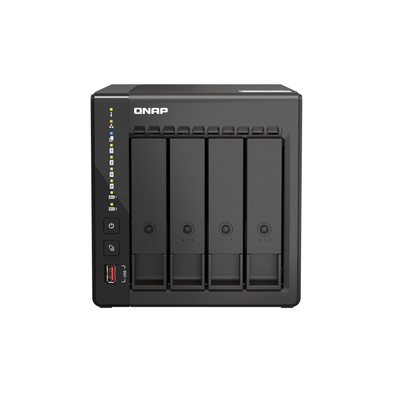 SMB QNAP TS-453E-8G NAS, 4-tray w/o HDD. 2xHDMI-port. 4-core Celeron J6412 2-2.6 GHz, 8GB DDR, 2x2.5Gb LAN, 2 x M.2 2280 PCIe Gen 3 x2, 2x USB 3.2 Gen 2 (10Gbps) Port, 2x USB 2.0 port