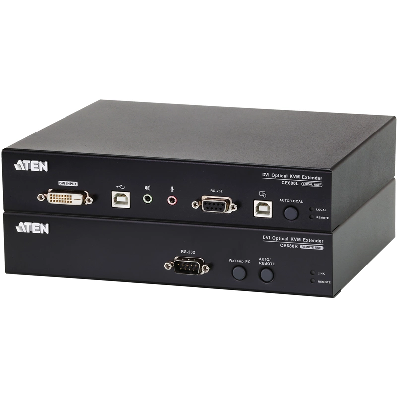 Удлинитель/extender, DVI-D+AUDIO+RS232, 20 км., 1xОптич.волокно одномод./singlemode 1310/1550нм, DVI-D+2xMINIJACK+DB9+LС+2xUSB А-Тип+2xUSB B-Тип, F, без шнуров, 2xБ.П. 220> 5.3V, (до 1920x1200 60Hz;HD (CE680)