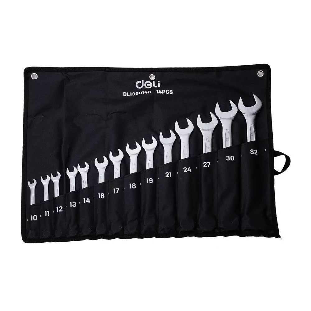 Ключи Deli Набор комбинированных гаечных ключей 14 шт Deli DL130014B размеры 10,11,12,13,14,16,17,18,19,21,24,27,30,32мм, матовая хромированная поверхность, чехол из ткани Оксфорд